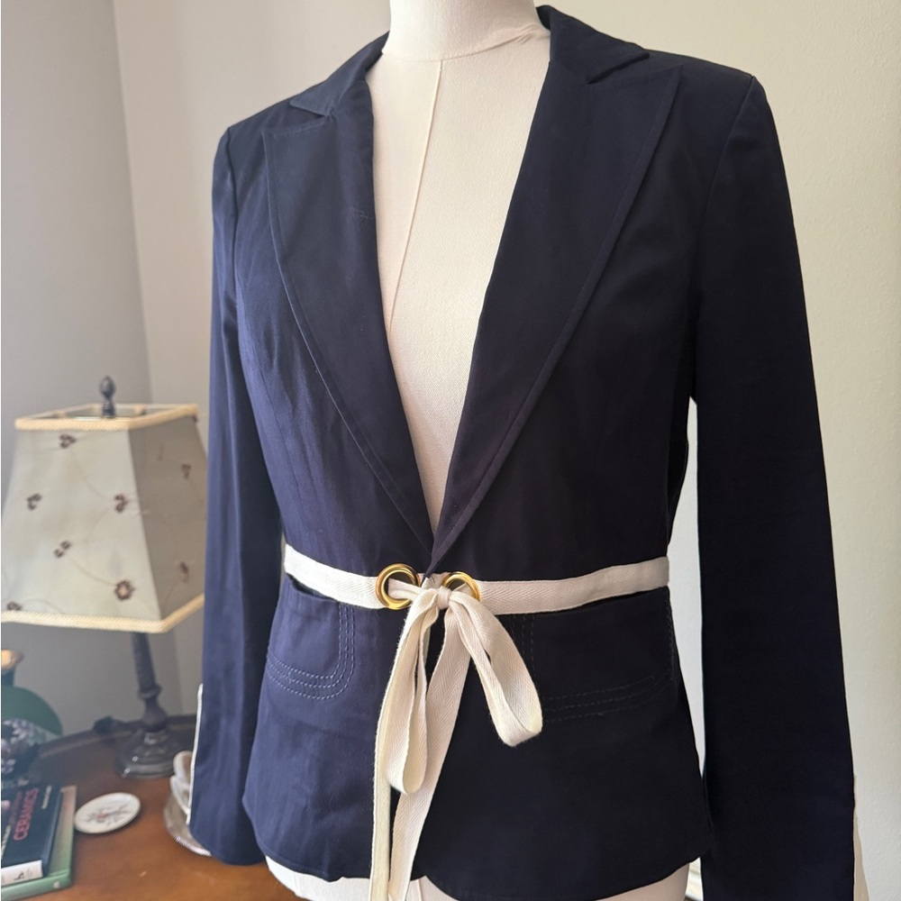 Cotton Blend Nautical Tie Waist Blazer Navy Cream Jacket 8